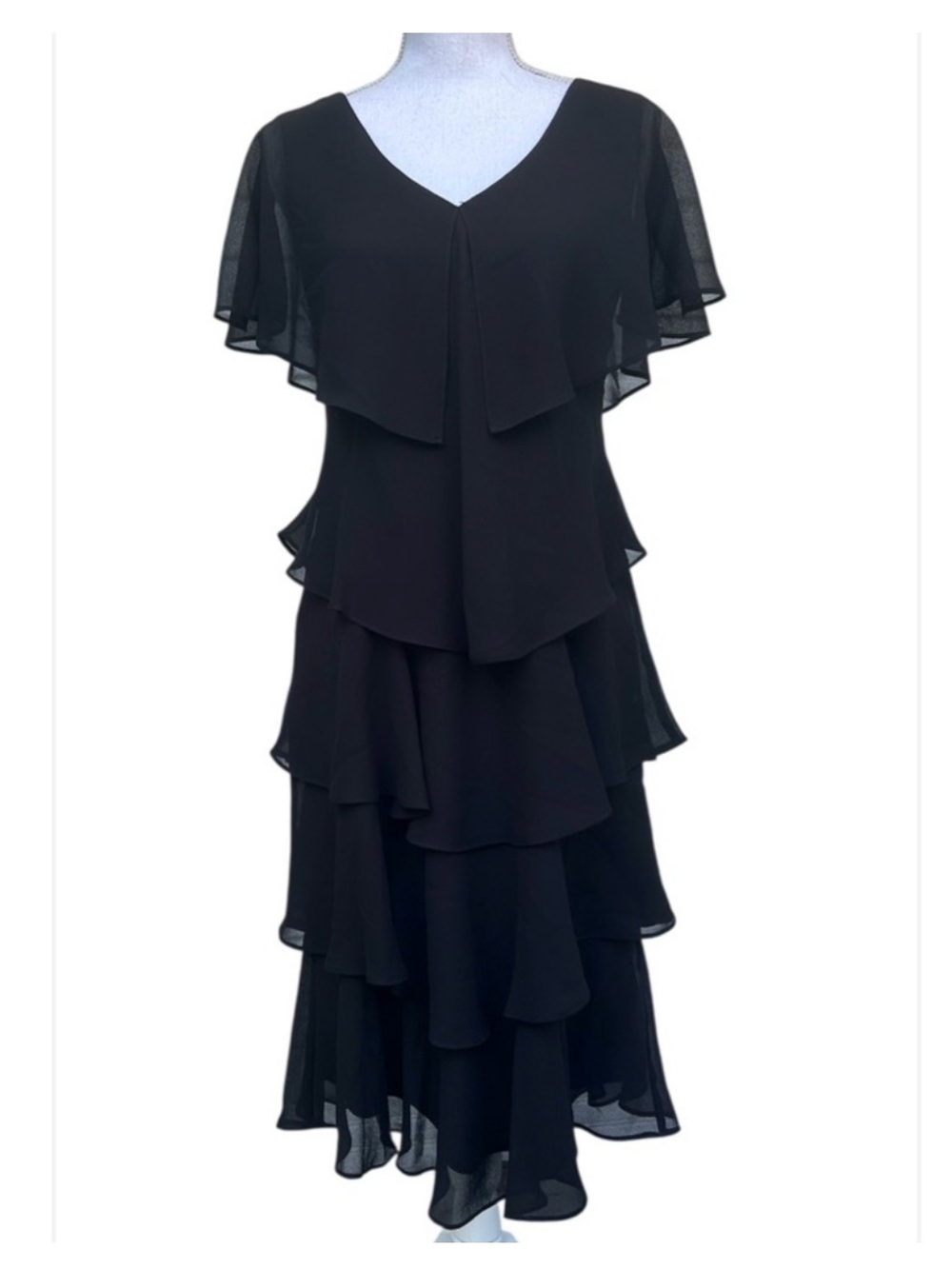 Vintage Layered Black Tiered Flutter-Sleeve Midi Dress Sz 12